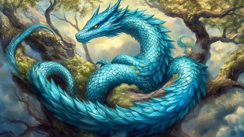 Azure Dragon Resting on Tree Branch