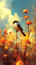 Bird in Flower Field at Sunset