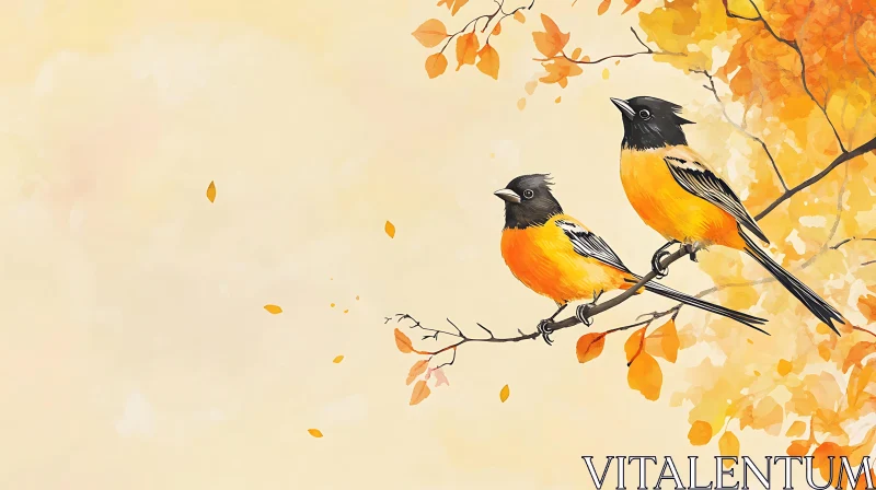 Birds in Autumn Watercolor Art AI Image