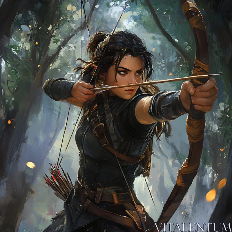 AI ART Female Archer Aiming Bow in Woods