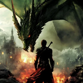 Warrior Facing Dragon in Fantasy World