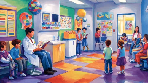 Colorful Waiting Room with Doctor and Children