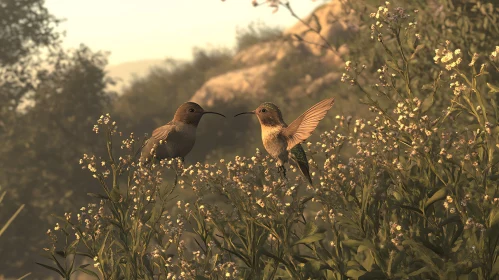 Two Hummingbirds in a Field of Flowers