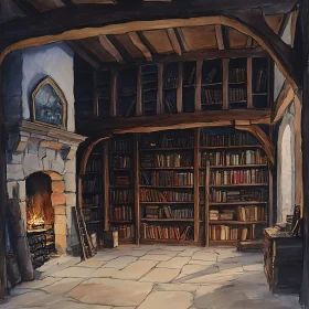 Cozy Interior: Library with Fireplace