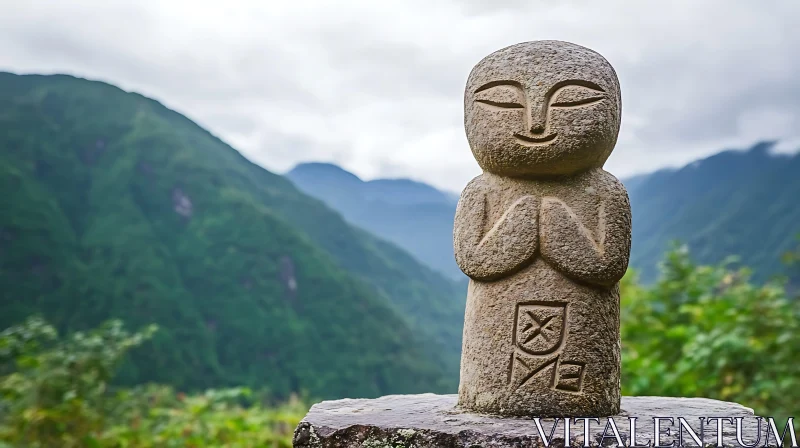 Zen Stone Statue with Mountain View AI Image