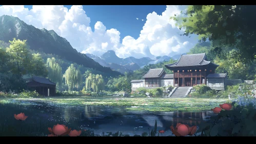 Serene Temple Landscape with Lotus Flowers