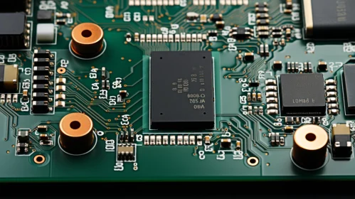 Close-Up View of a Green and Bronze Electronic Circuit Board