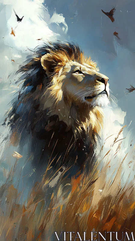 AI ART Powerful Lion in Windblown Grass