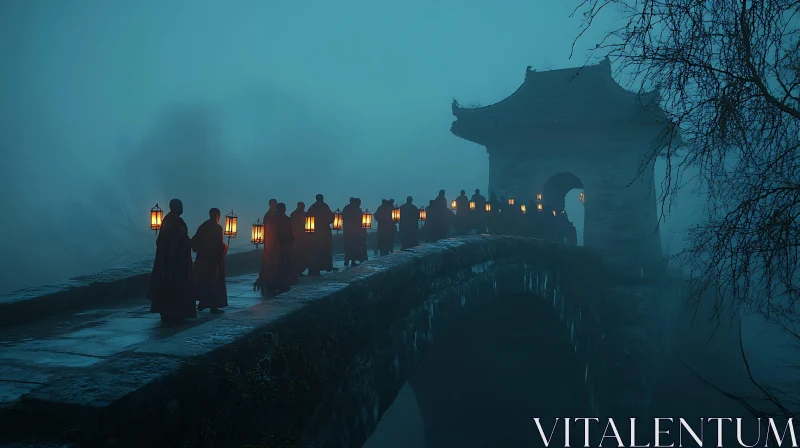 Lantern Lit Procession Over Ancient Bridge AI Image