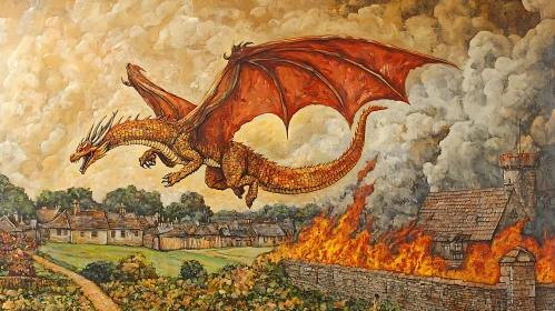 Fiery Dragon Over Burning Village