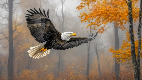 Eagle Soaring over Misty Woodland