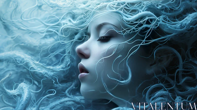 Enigmatic Portrait of a Woman with Flowing Blue-White Hair AI Image