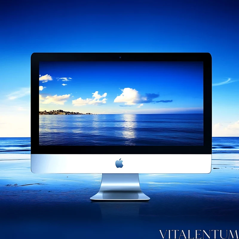 Apple Monitor Showing a Beautiful Sea View AI Image