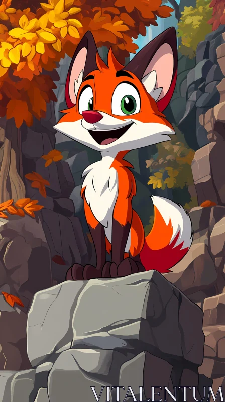 Playful Cartoon Fox on Rock AI Image