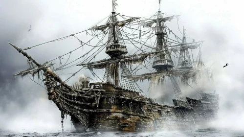 Mysterious Digital Painting of a Ghost Ship in a Stormy Sea