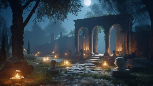 Mysterious Ruined Classical Temple at Night