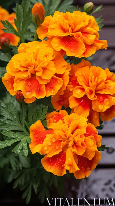 Orange Flowers on Wooden Table: A Study in Bold Coloration AI Image
