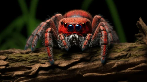 Red Spider with Blue Eyes perched on a Log - Intricate Realism Art