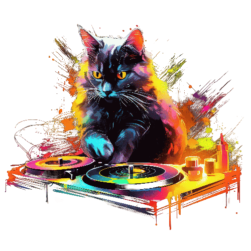 Retro Cat DJ Illustration on Transparent Background POD Design