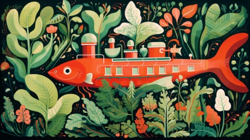 Vibrant Orange Fish in Green Plant Landscape - Illustration Design by Esquire