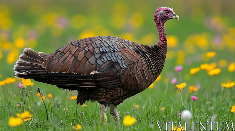 Wild Turkey among Yellow Flowers AI Image