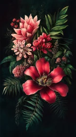 Botanical Painting with Red and Pink Flowers