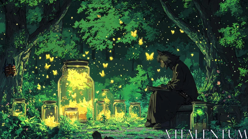 AI ART Luminous Butterflies in Forest Jars