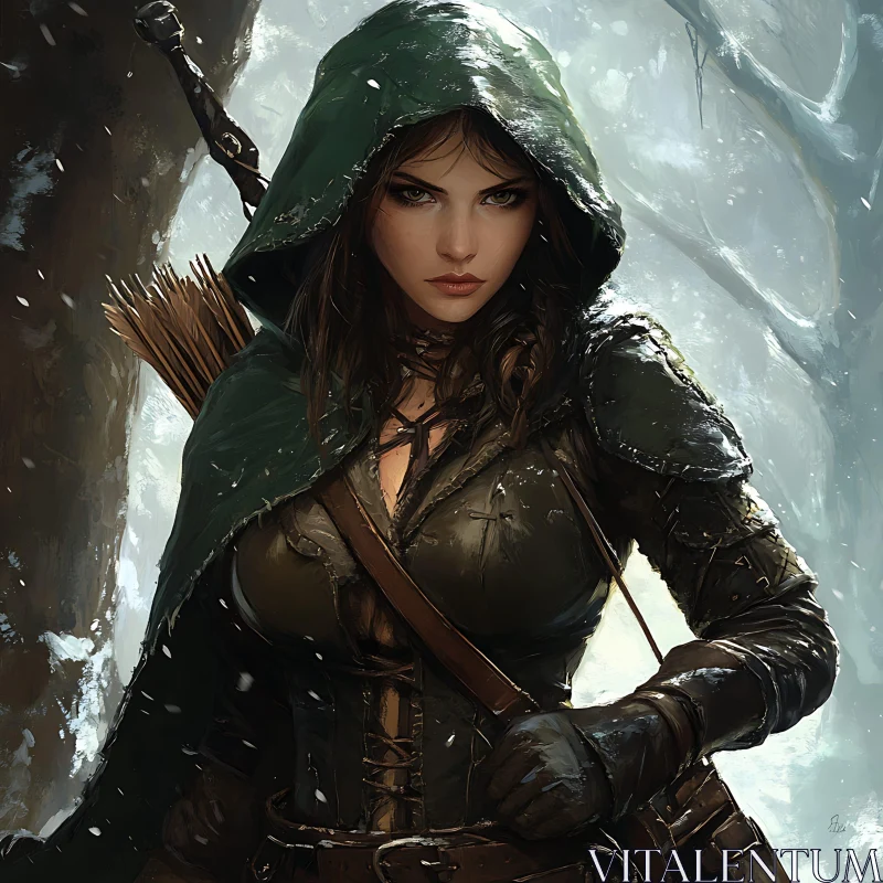 AI ART Hooded Archer Portrait in Snowy Woods