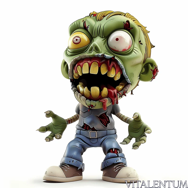 3D Rendered Cartoon Zombie - Green, Yellow Eyes, Blue Shirt AI Image
