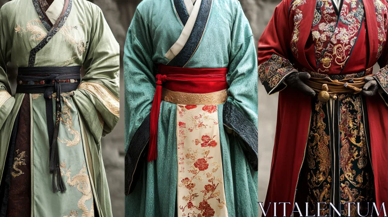 AI ART Three Asian Robes in Green Teal and Red