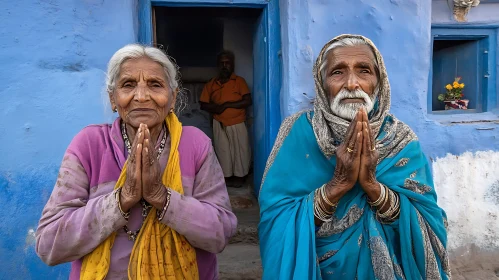 Elderly Women Praying in Blue City