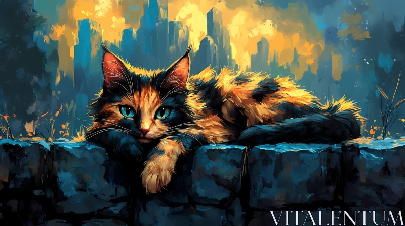 AI ART Calico Cat on Urban Stone Wall