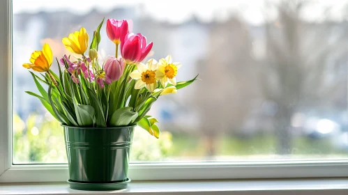 Colorful Tulips and Daffodils in a Green Pot