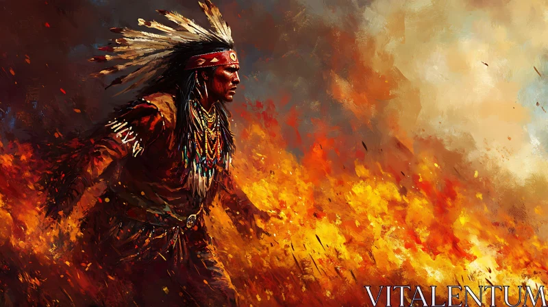 AI ART Indigenous Warrior in Fiery Landscape Art