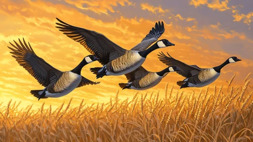 Sunset Flight of Geese Over Golden Field