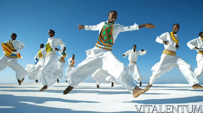 Men Dancing in White Against Blue Sky AI Image