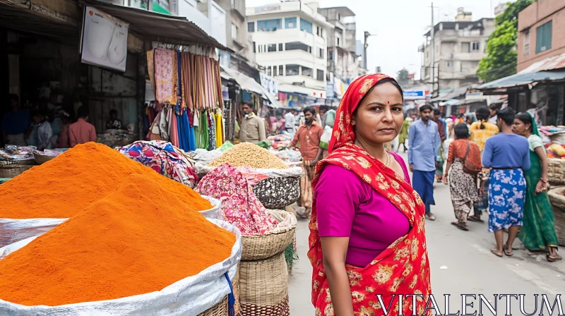 Woman in Sari at a Crowded Market AI Image