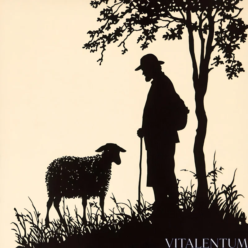 AI ART Pastoral Silhouette of Shepherd and Sheep