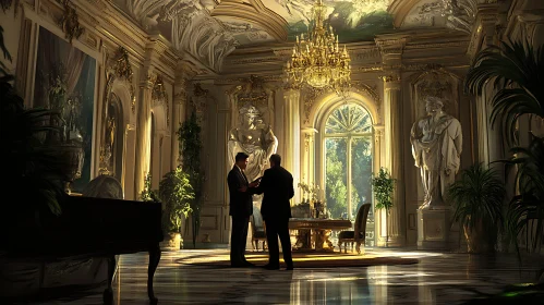 Opulent Room with Gilded Details and Two Men Conversing