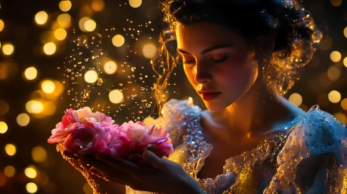 Woman Holding Flowers in Dreamy Light