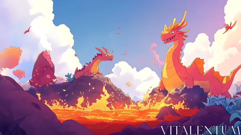 AI ART Cartoon Dragons in Volcanic Landscape