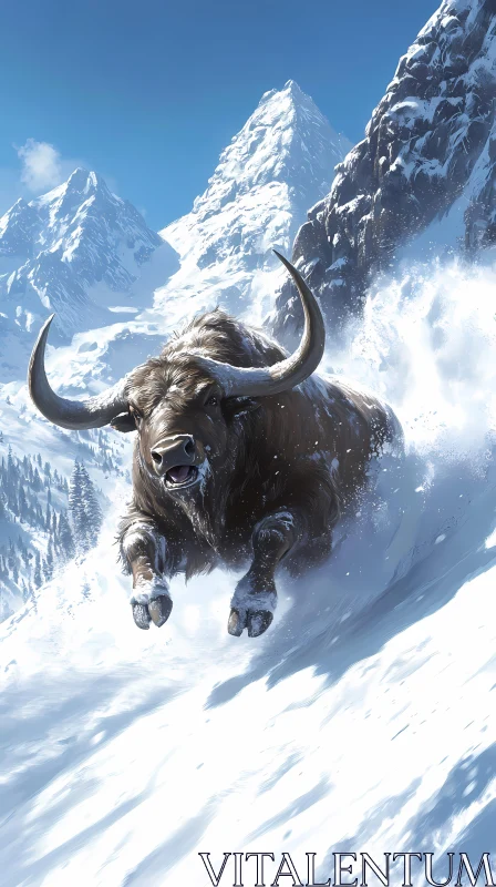 Bull in Snowy Mountains AI Image