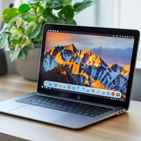 Laptop with Sunset Mountain Wallpaper on Desk