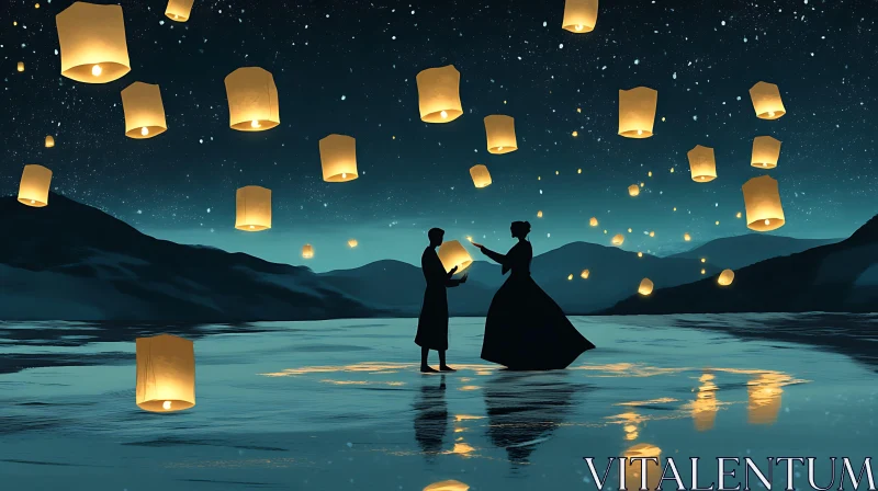 Couple Releasing Lanterns Under Starry Night AI Image