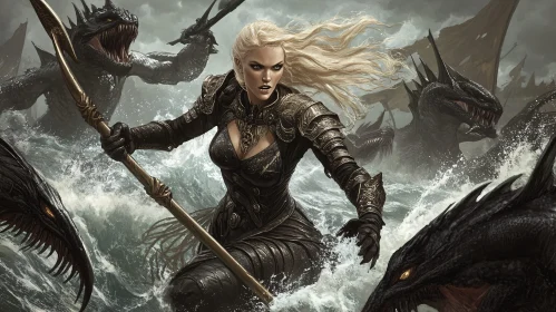 Female Warrior and Dragons on the Ocean