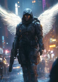 Futuristic Angel Warrior in Urban Setting