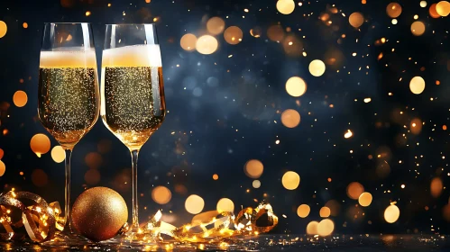 Golden Champagne Flutes with Bokeh Lights