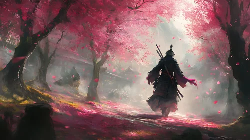 Warrior Among Falling Cherry Blossoms