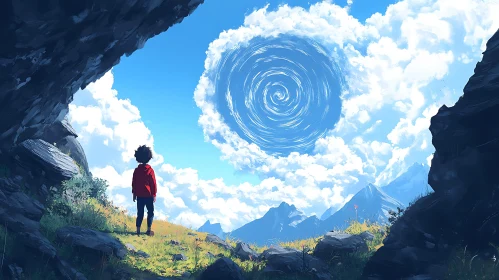 Boy Staring at Swirling Cloud Formation