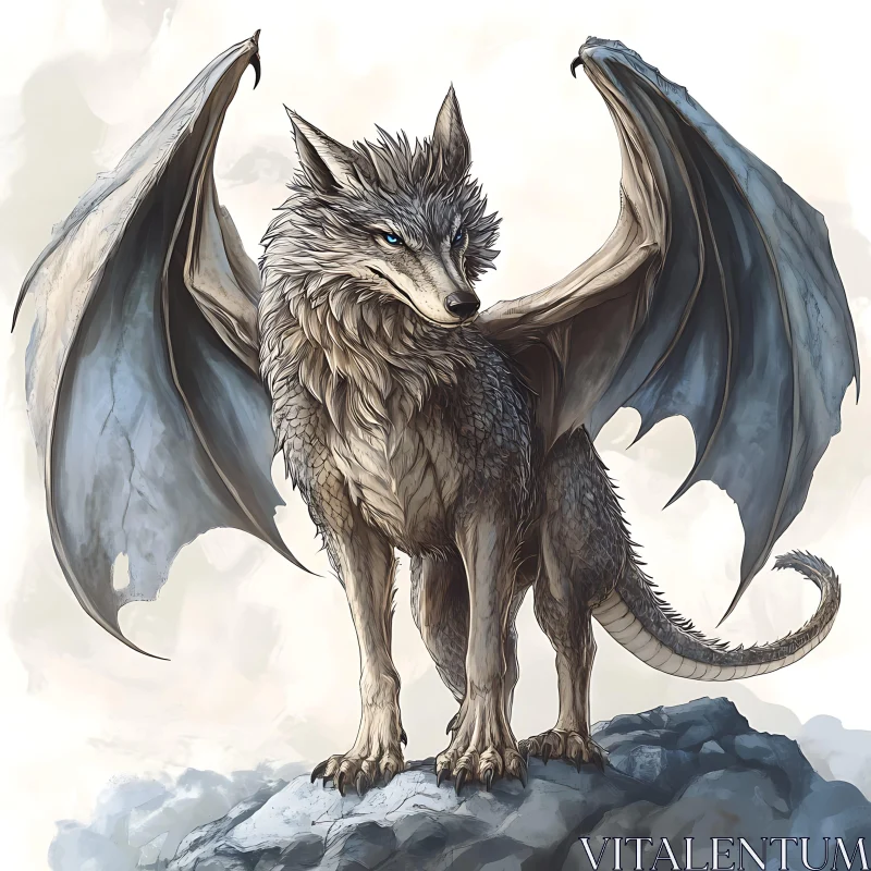 AI ART Winged Wolf Dragon on Mountain Peak